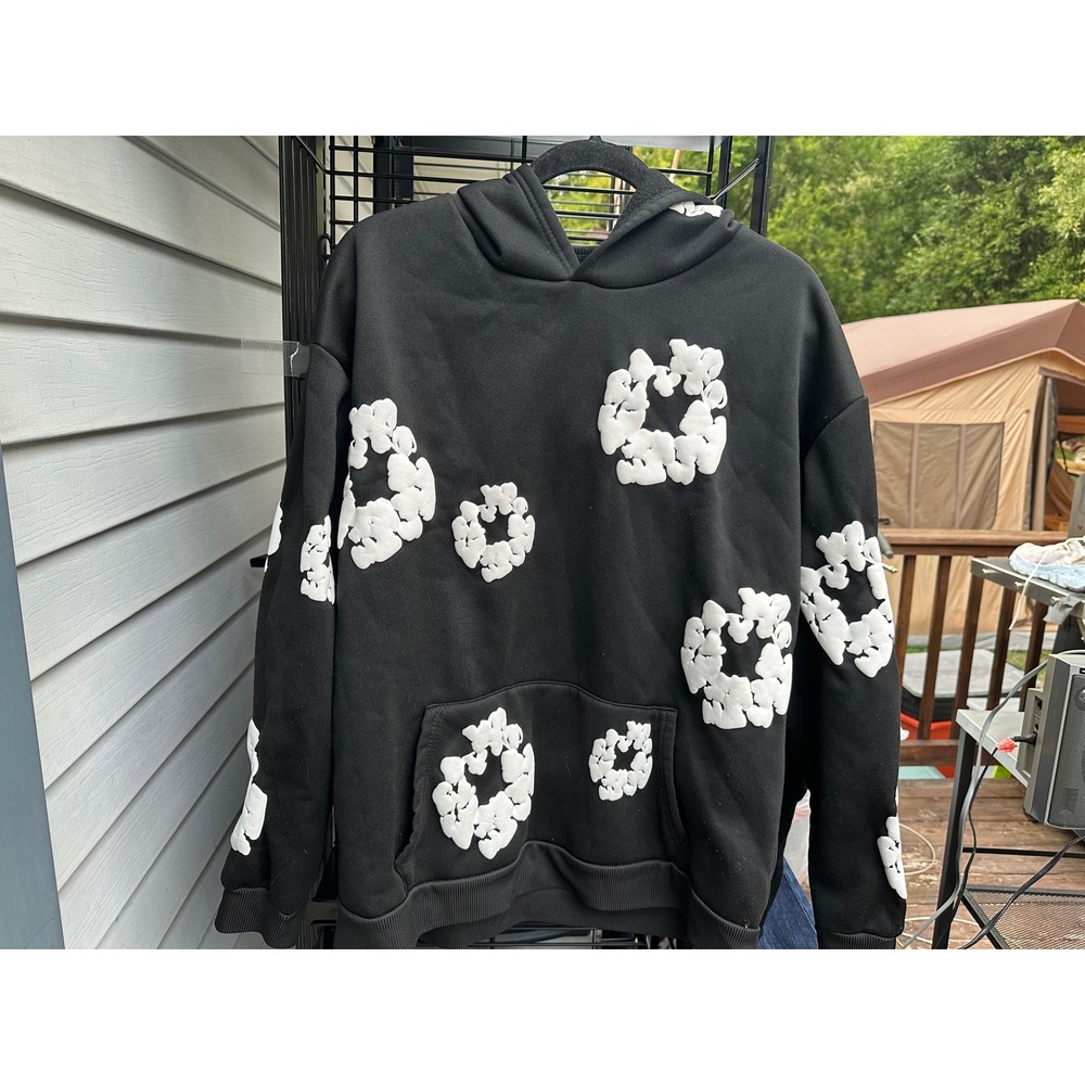 Denim Tears Cotton Wreath Puff Print Hoodie Black White Medium Streetwear
